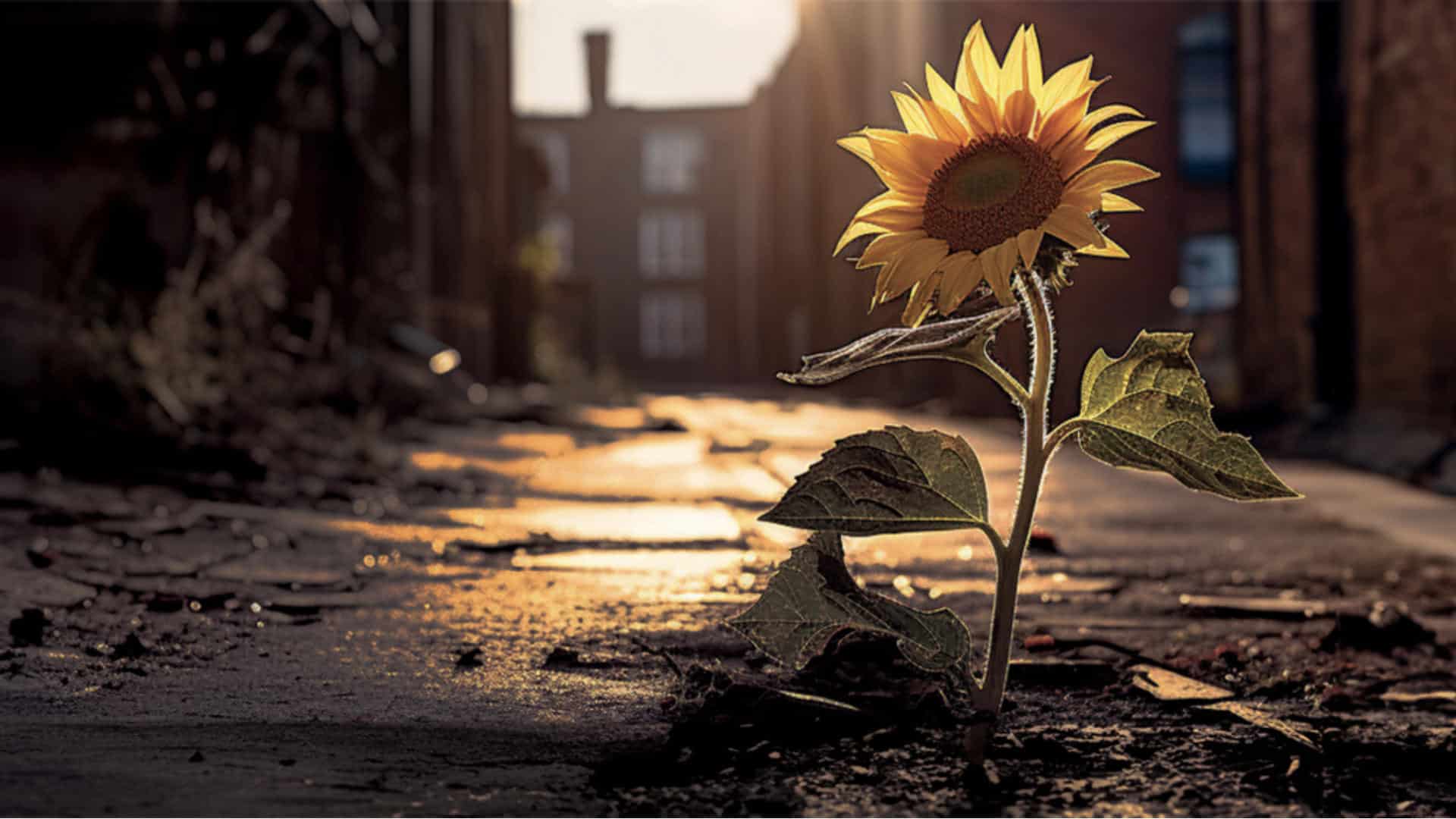 sunflower bloom in sunlight in an alley